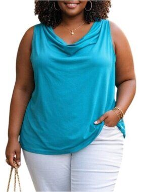 New Directions Size 2X Top Cowl Neck Sleeveless Blouse Turquoise